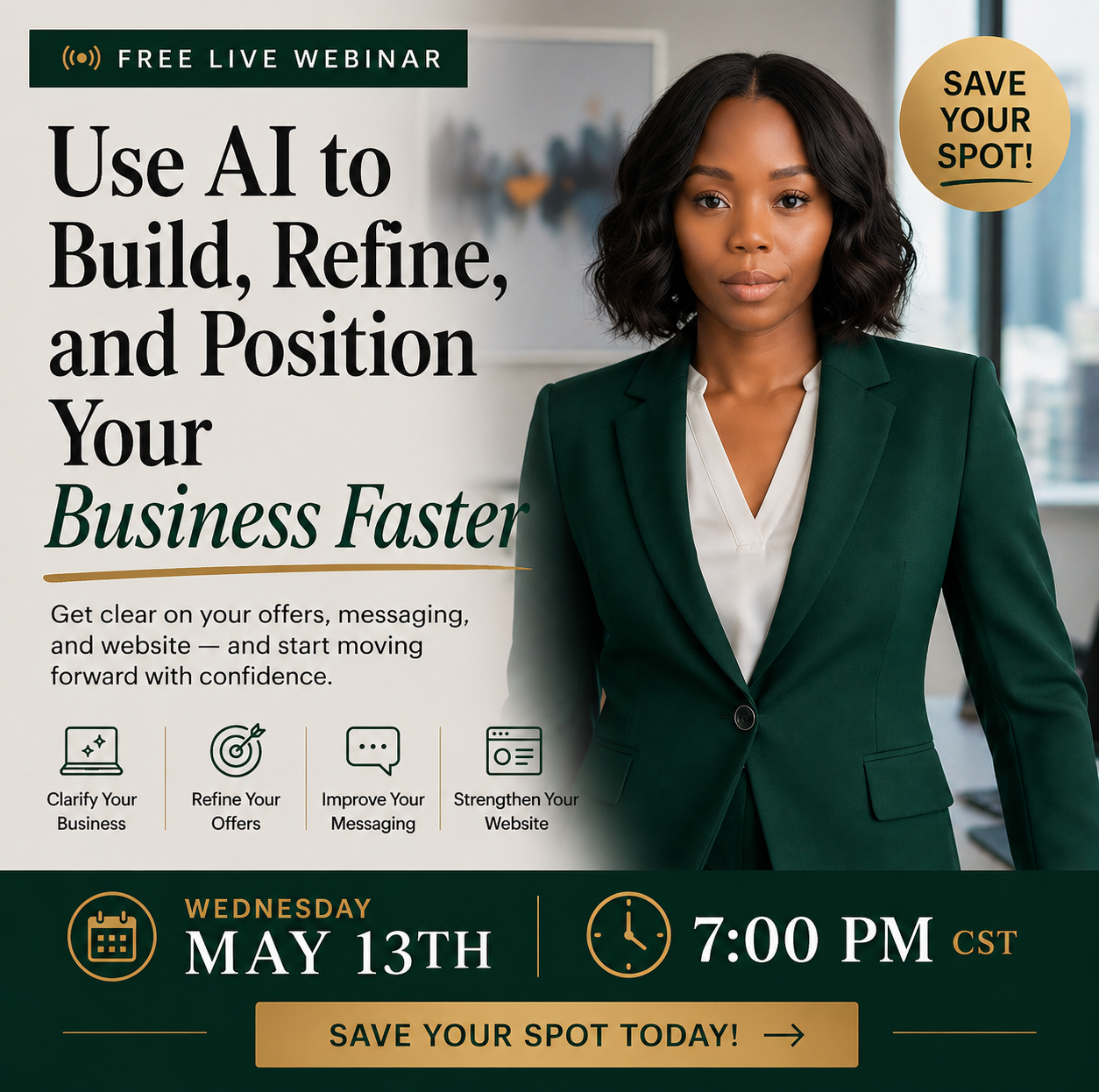 Promotional banner for a free live webinar: woman in a green blazer beside a bold headline about using AI to grow your business; Save Your Spot badge.